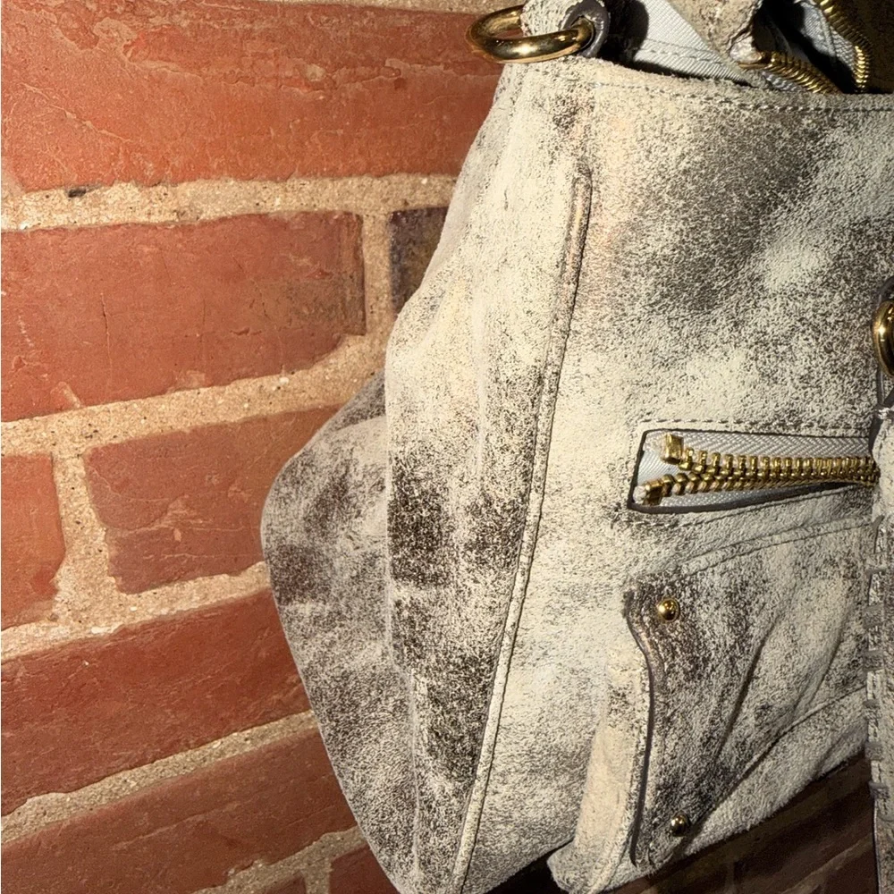 Aimee Kestenberg Distressed Metallic Grey/Cream Leather Purse